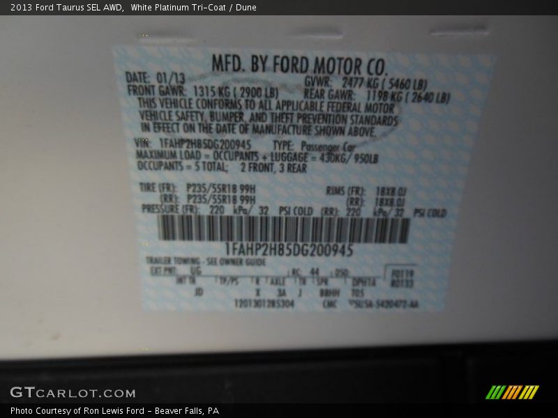 White Platinum Tri-Coat / Dune 2013 Ford Taurus SEL AWD
