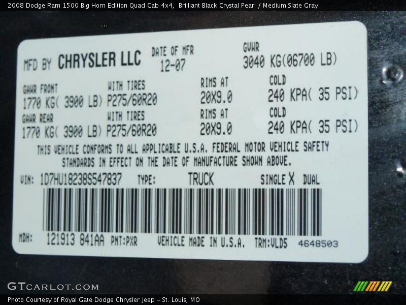 2008 Ram 1500 Big Horn Edition Quad Cab 4x4 Brilliant Black Crystal Pearl Color Code PXR