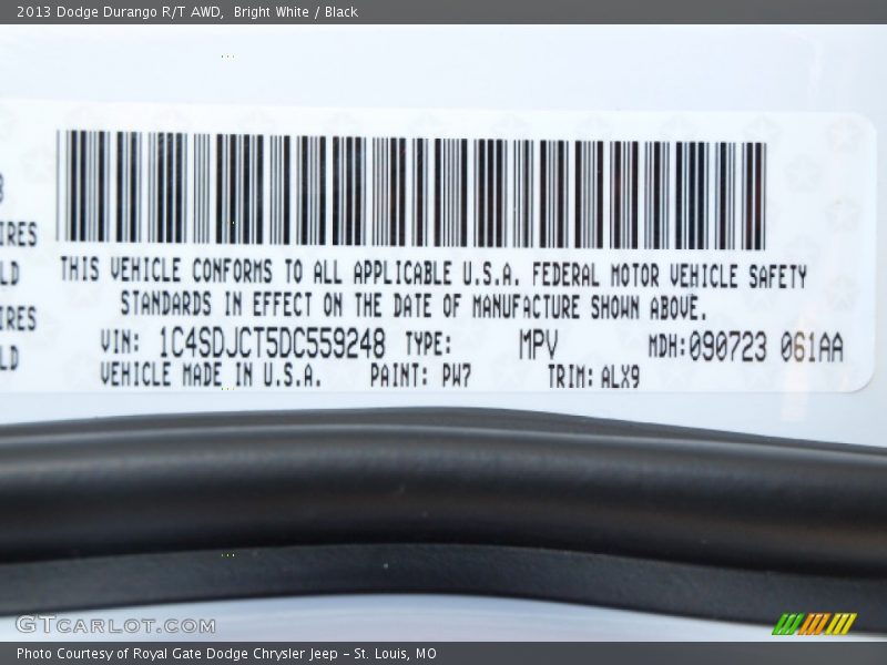 2013 Durango R/T AWD Bright White Color Code PW7
