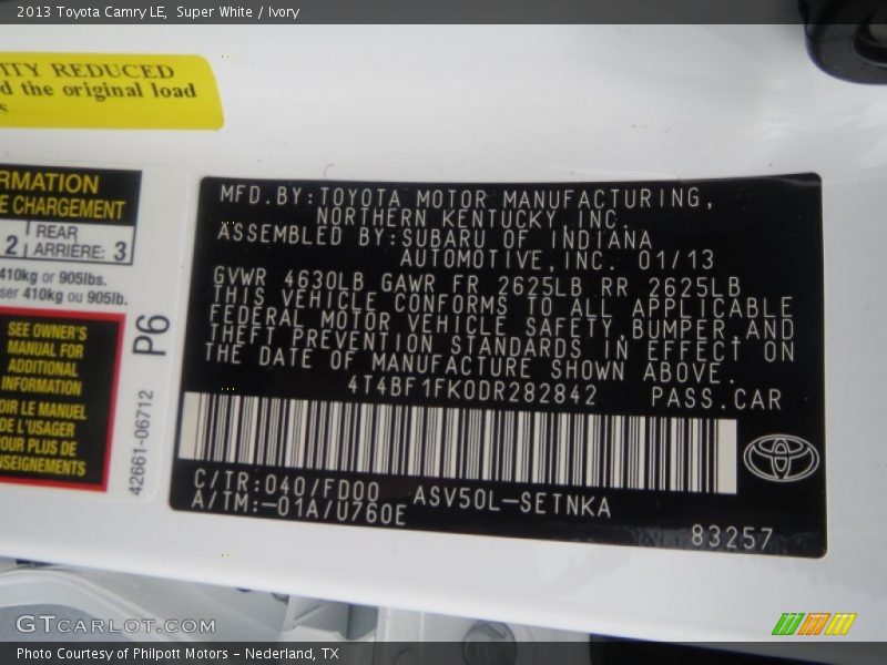 Super White / Ivory 2013 Toyota Camry LE