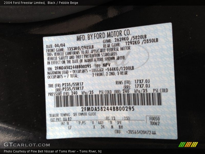 2004 Freestar Limited Black Color Code UA