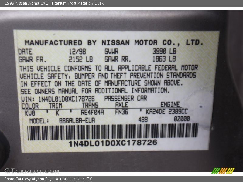 1999 Altima GXE Titanium Frost Metallic Color Code KV0