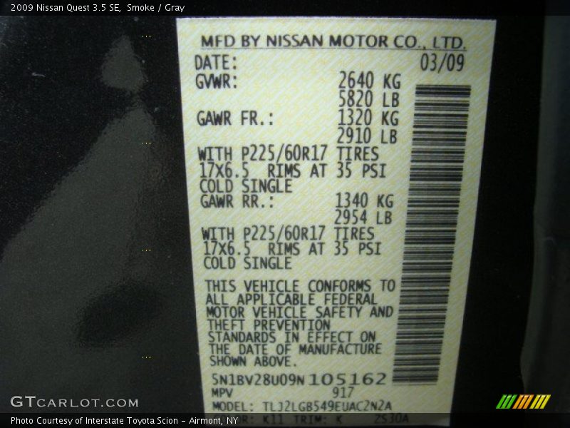 2009 Quest 3.5 SE Smoke Color Code K11