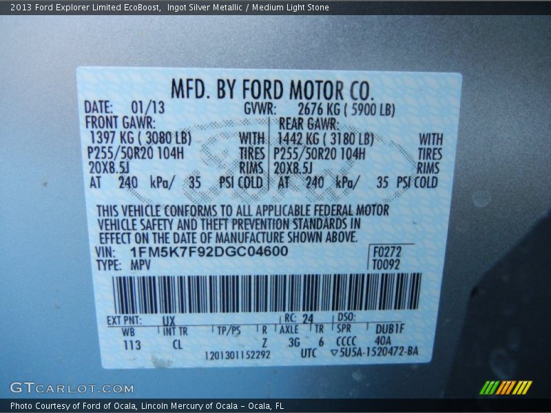 2013 Explorer Limited EcoBoost Ingot Silver Metallic Color Code UX