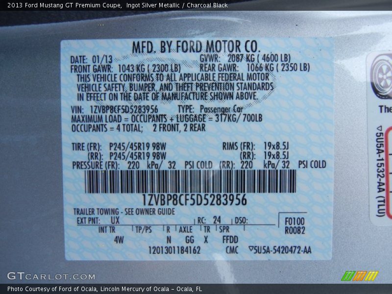 2013 Mustang GT Premium Coupe Ingot Silver Metallic Color Code UX