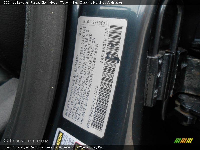 Blue Graphite Metallic / Anthracite 2004 Volkswagen Passat GLX 4Motion Wagon