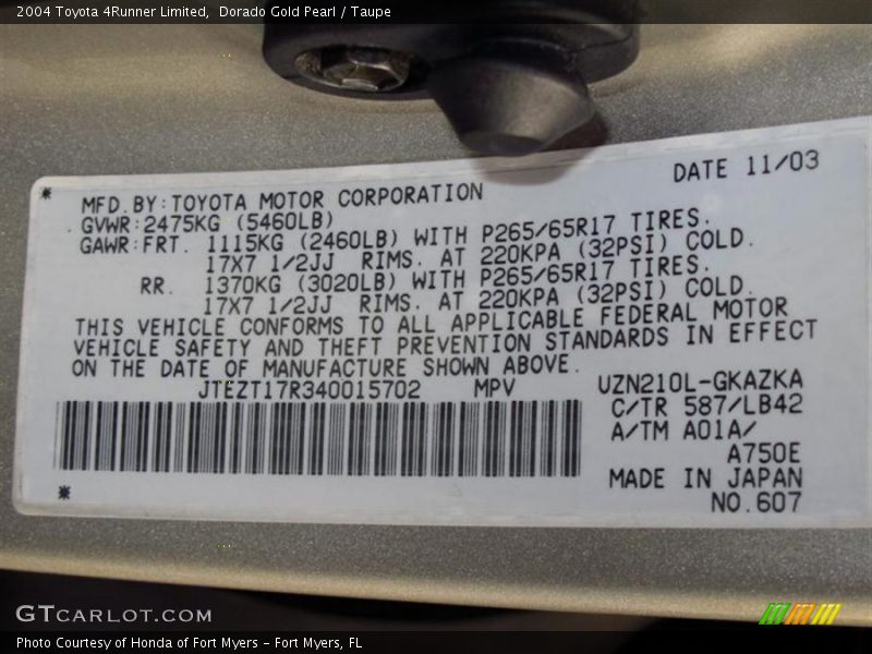 Dorado Gold Pearl / Taupe 2004 Toyota 4Runner Limited