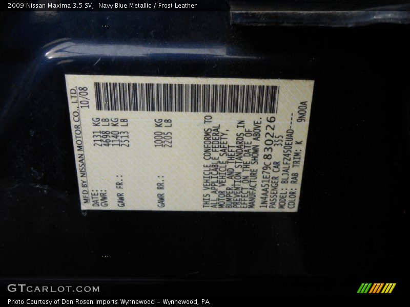 Navy Blue Metallic / Frost Leather 2009 Nissan Maxima 3.5 SV