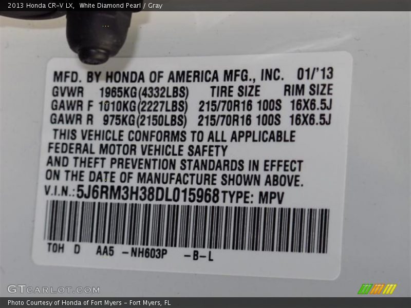 White Diamond Pearl / Gray 2013 Honda CR-V LX