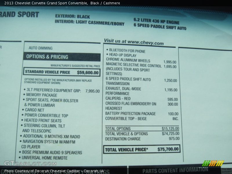  2013 Corvette Grand Sport Convertible Window Sticker