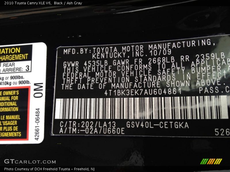 2010 Camry XLE V6 Black Color Code 202