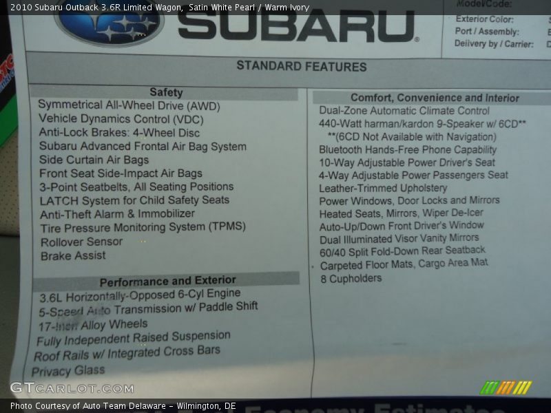  2010 Outback 3.6R Limited Wagon Window Sticker