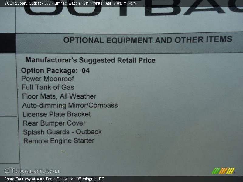  2010 Outback 3.6R Limited Wagon Window Sticker