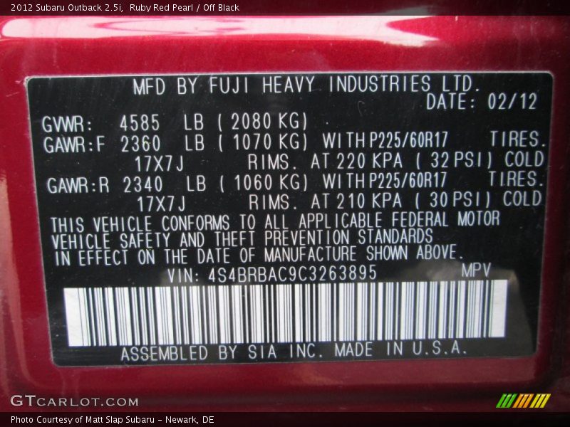 Ruby Red Pearl / Off Black 2012 Subaru Outback 2.5i