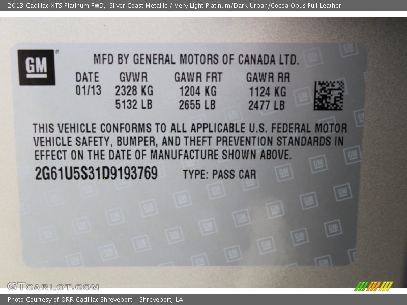Silver Coast Metallic / Very Light Platinum/Dark Urban/Cocoa Opus Full Leather 2013 Cadillac XTS Platinum FWD