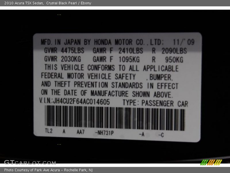 Crystal Black Pearl / Ebony 2010 Acura TSX Sedan