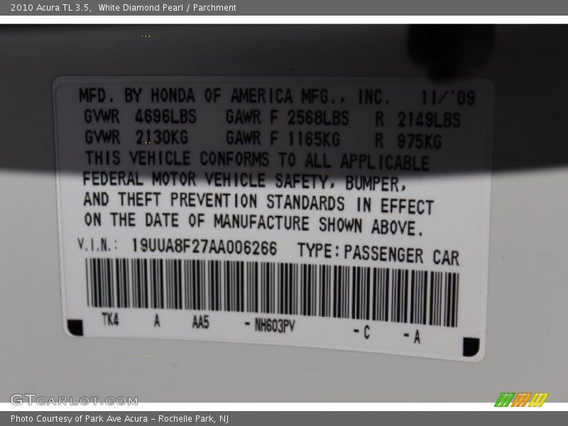 White Diamond Pearl / Parchment 2010 Acura TL 3.5