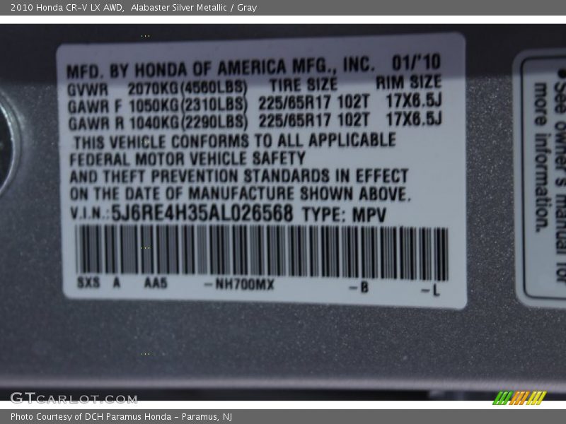 Alabaster Silver Metallic / Gray 2010 Honda CR-V LX AWD