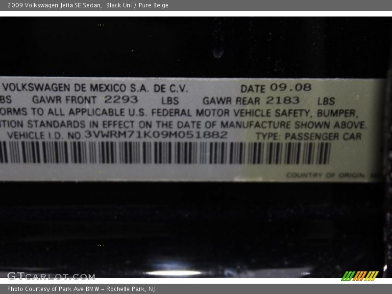Black Uni / Pure Beige 2009 Volkswagen Jetta SE Sedan