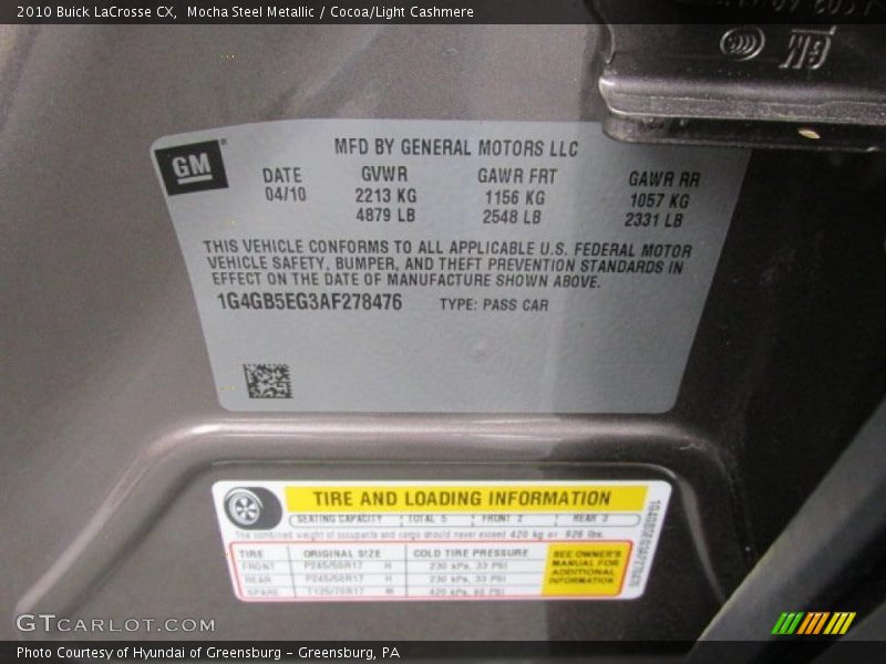 Mocha Steel Metallic / Cocoa/Light Cashmere 2010 Buick LaCrosse CX