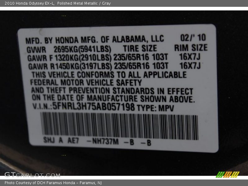 Polished Metal Metallic / Gray 2010 Honda Odyssey EX-L
