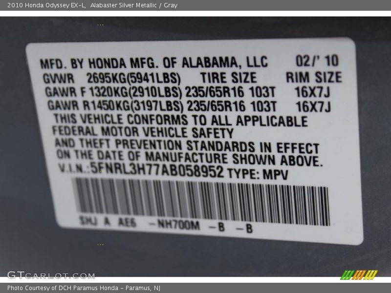 Alabaster Silver Metallic / Gray 2010 Honda Odyssey EX-L