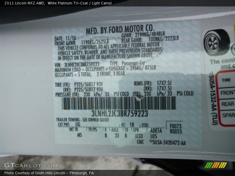 2011 MKZ AWD White Platinum Tri-Coat Color Code UG