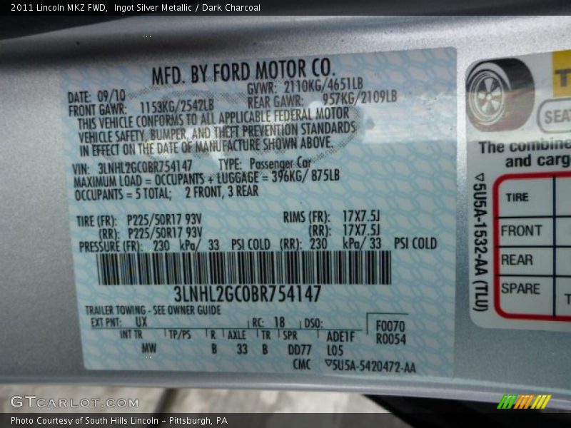 Ingot Silver Metallic / Dark Charcoal 2011 Lincoln MKZ FWD
