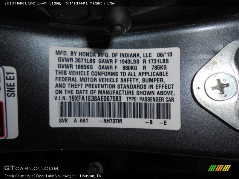 2010 Civic DX-VP Sedan Polished Metal Metallic Color Code NH737M