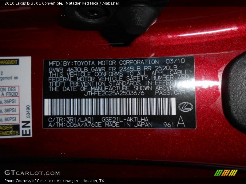 Matador Red Mica / Alabaster 2010 Lexus IS 350C Convertible