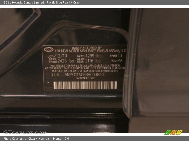 Pacific Blue Pearl / Gray 2011 Hyundai Sonata Limited