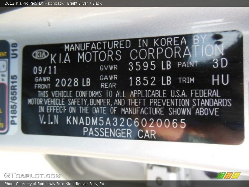 2012 Rio Rio5 LX Hatchback Bright Silver Color Code 3D