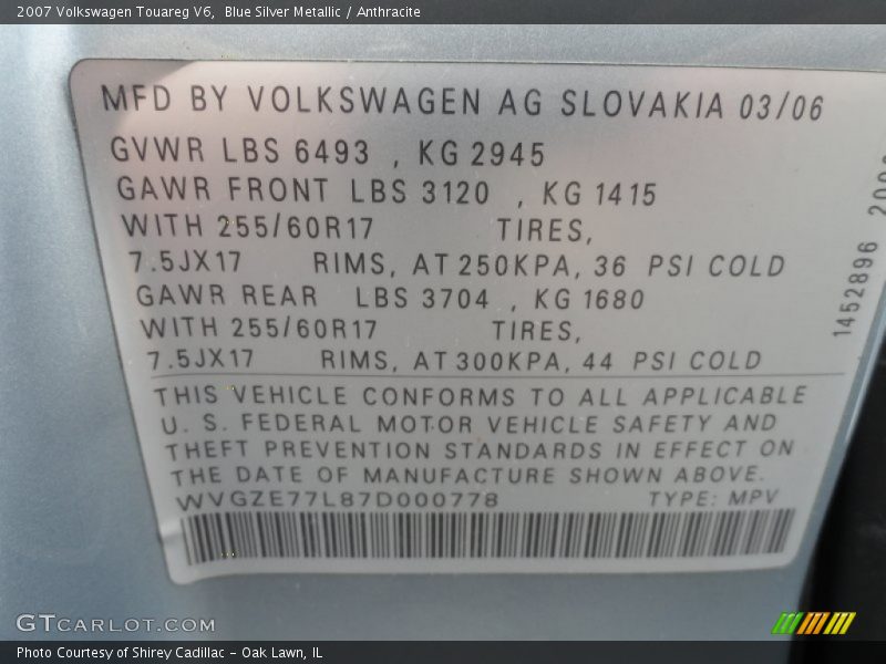 Blue Silver Metallic / Anthracite 2007 Volkswagen Touareg V6