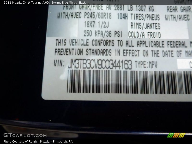 Stormy Blue Mica / Black 2012 Mazda CX-9 Touring AWD