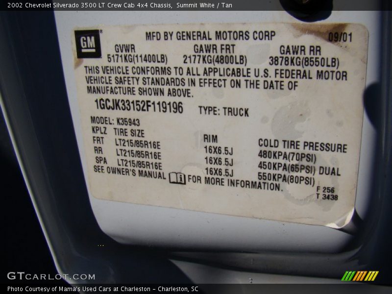 Summit White / Tan 2002 Chevrolet Silverado 3500 LT Crew Cab 4x4 Chassis