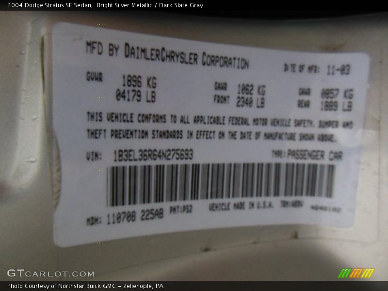 Bright Silver Metallic / Dark Slate Gray 2004 Dodge Stratus SE Sedan
