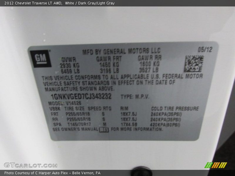 White / Dark Gray/Light Gray 2012 Chevrolet Traverse LT AWD