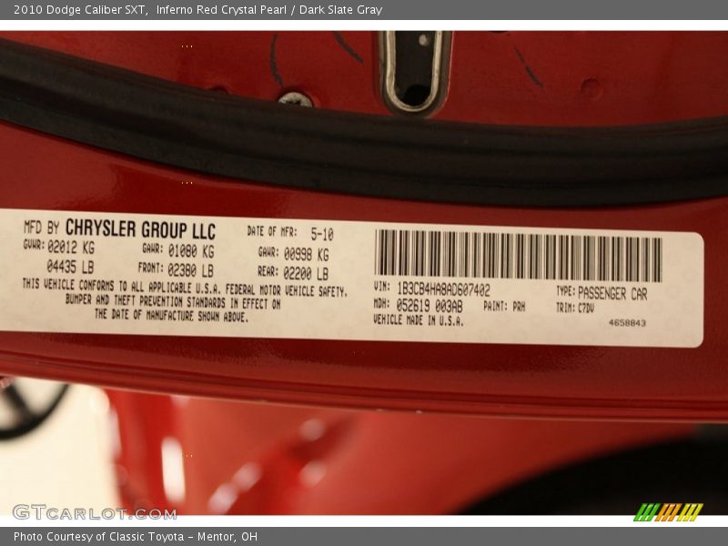 2010 Caliber SXT Inferno Red Crystal Pearl Color Code PRH