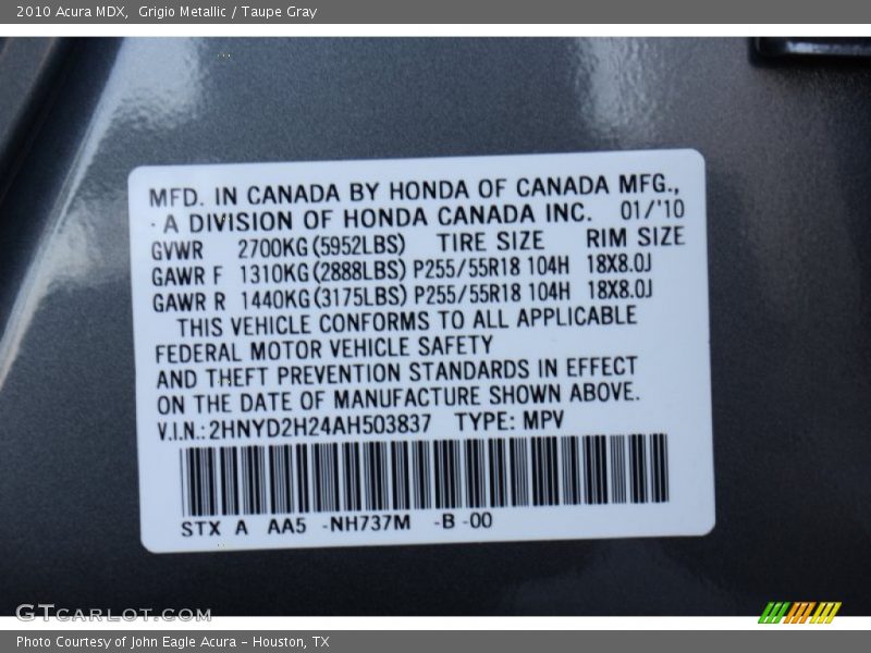 Grigio Metallic / Taupe Gray 2010 Acura MDX