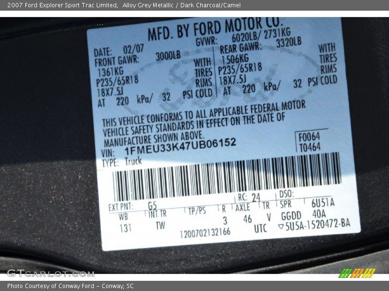 2007 Explorer Sport Trac Limited Alloy Grey Metallic Color Code G5