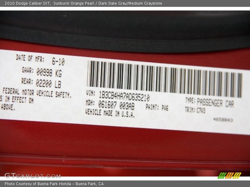 Sunburst Orange Pearl / Dark Slate Gray/Medium Graystone 2010 Dodge Caliber SXT