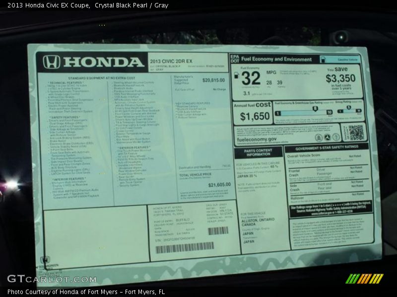 Crystal Black Pearl / Gray 2013 Honda Civic EX Coupe