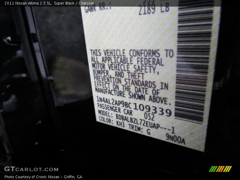 Super Black / Charcoal 2011 Nissan Altima 2.5 SL