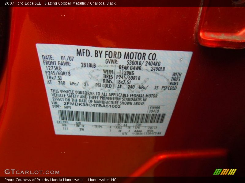 2007 Edge SEL Blazing Copper Metallic Color Code GW