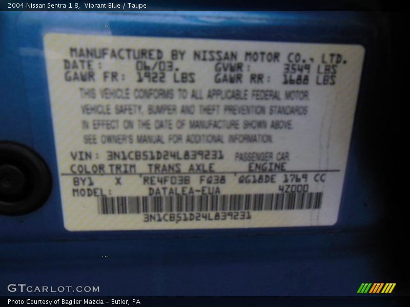 2004 Sentra 1.8 Vibrant Blue Color Code BY1