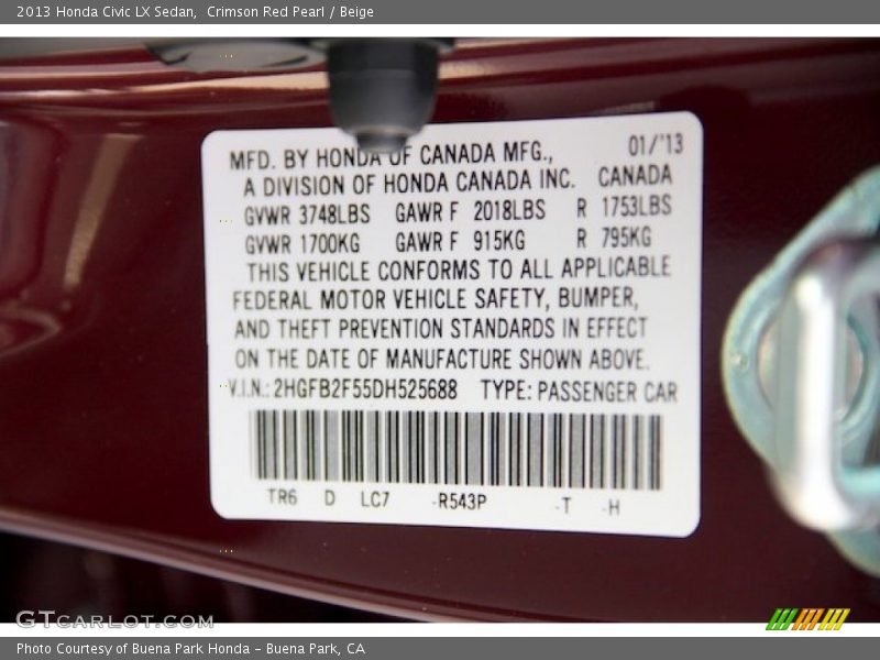 2013 Civic LX Sedan Crimson Red Pearl Color Code R543P
