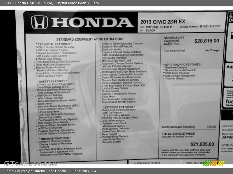  2013 Civic EX Coupe Window Sticker