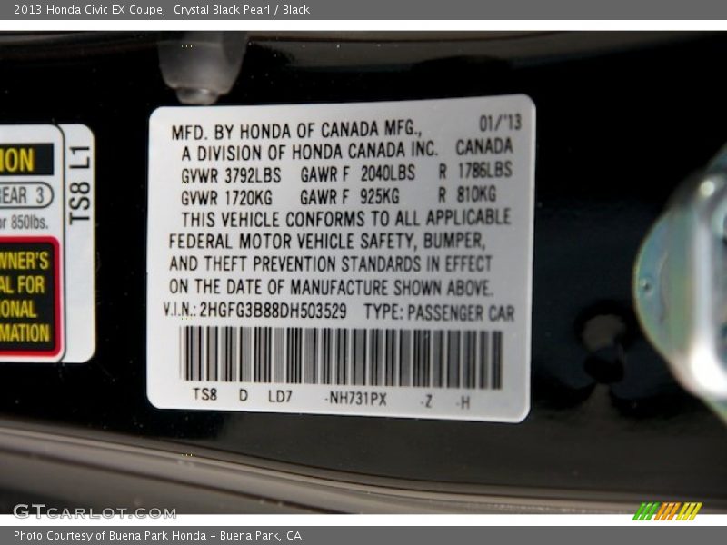 Crystal Black Pearl / Black 2013 Honda Civic EX Coupe
