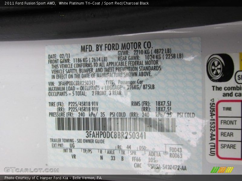 2011 Fusion Sport AWD White Platinum Tri-Coat Color Code UG
