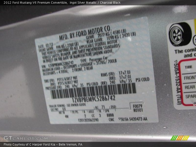 Ingot Silver Metallic / Charcoal Black 2012 Ford Mustang V6 Premium Convertible